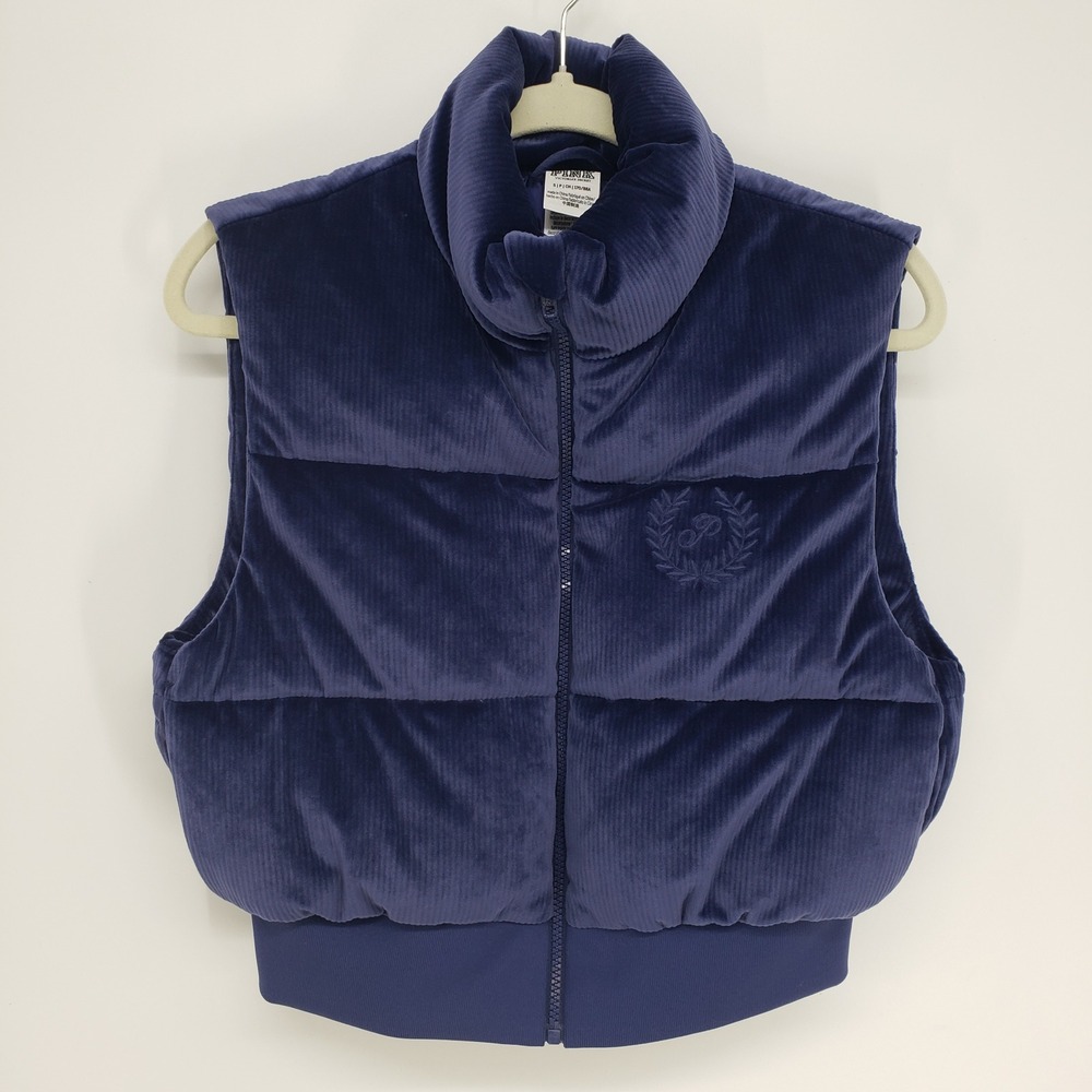 PINK Victoria's Secret Velvet Puffer‎ Vest Women Small Navy Cropped Full Zip NWT